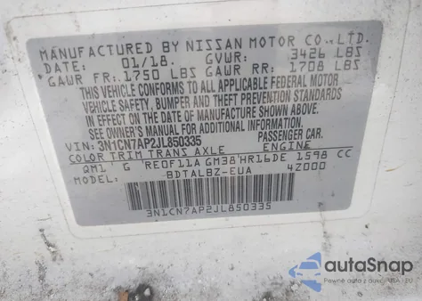 2018 Nissan Versa 1.6 Sv z USA, uszkodzony, nr VIN 3N1CN7AP2JL850335